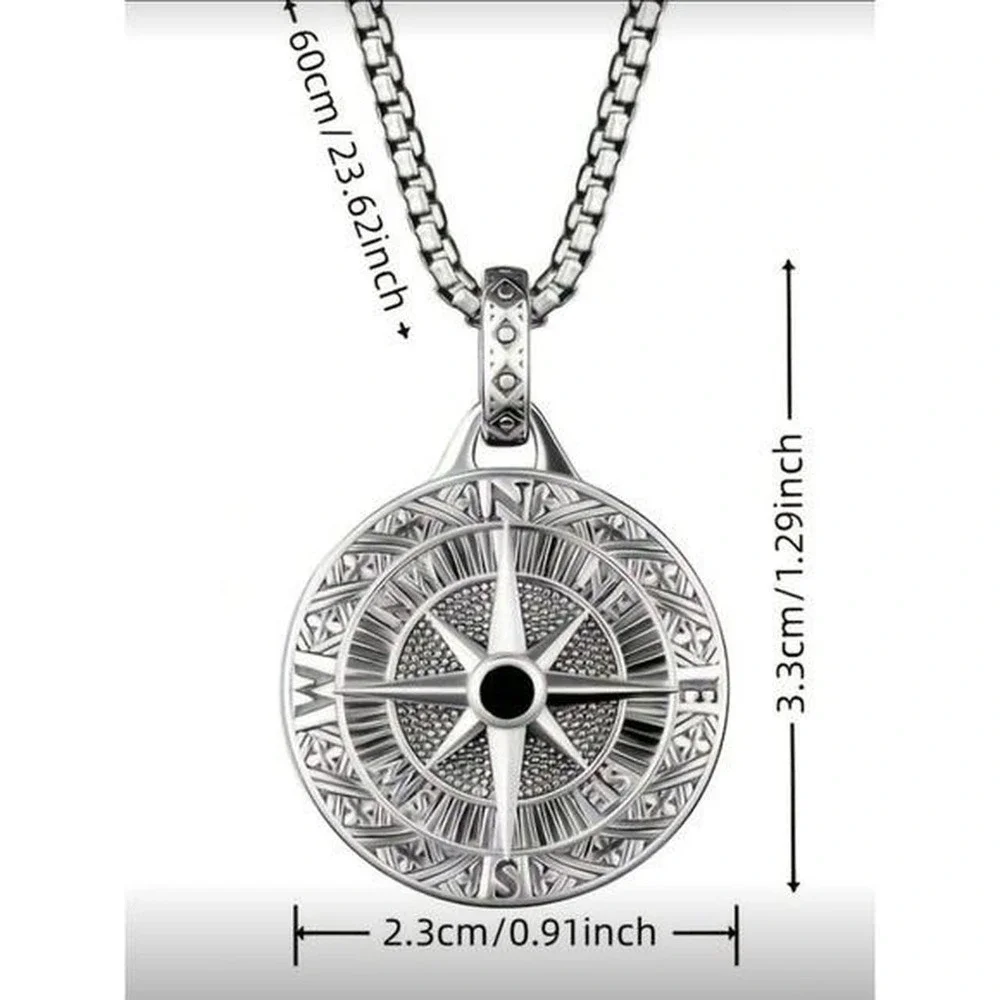 Mens Stainless Steel Compass Pendant Necklace 24 Inch Chain